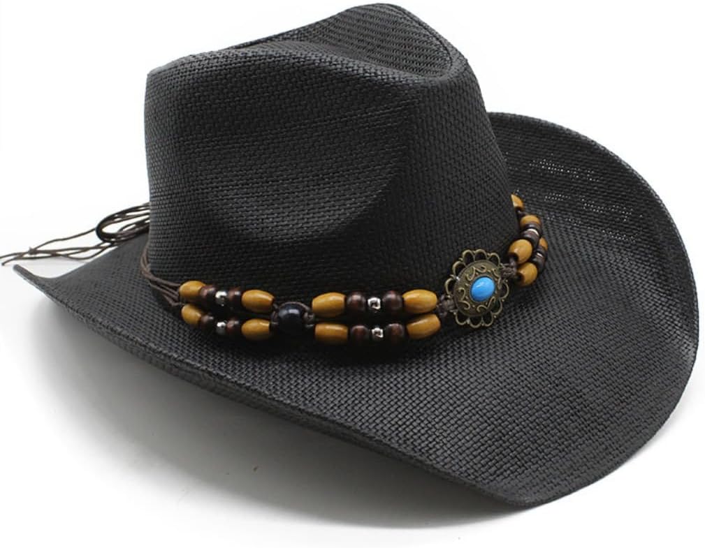 Western Cowboy Hat, Straw Woven, Beaded Band with Turquoise Accent, Beige