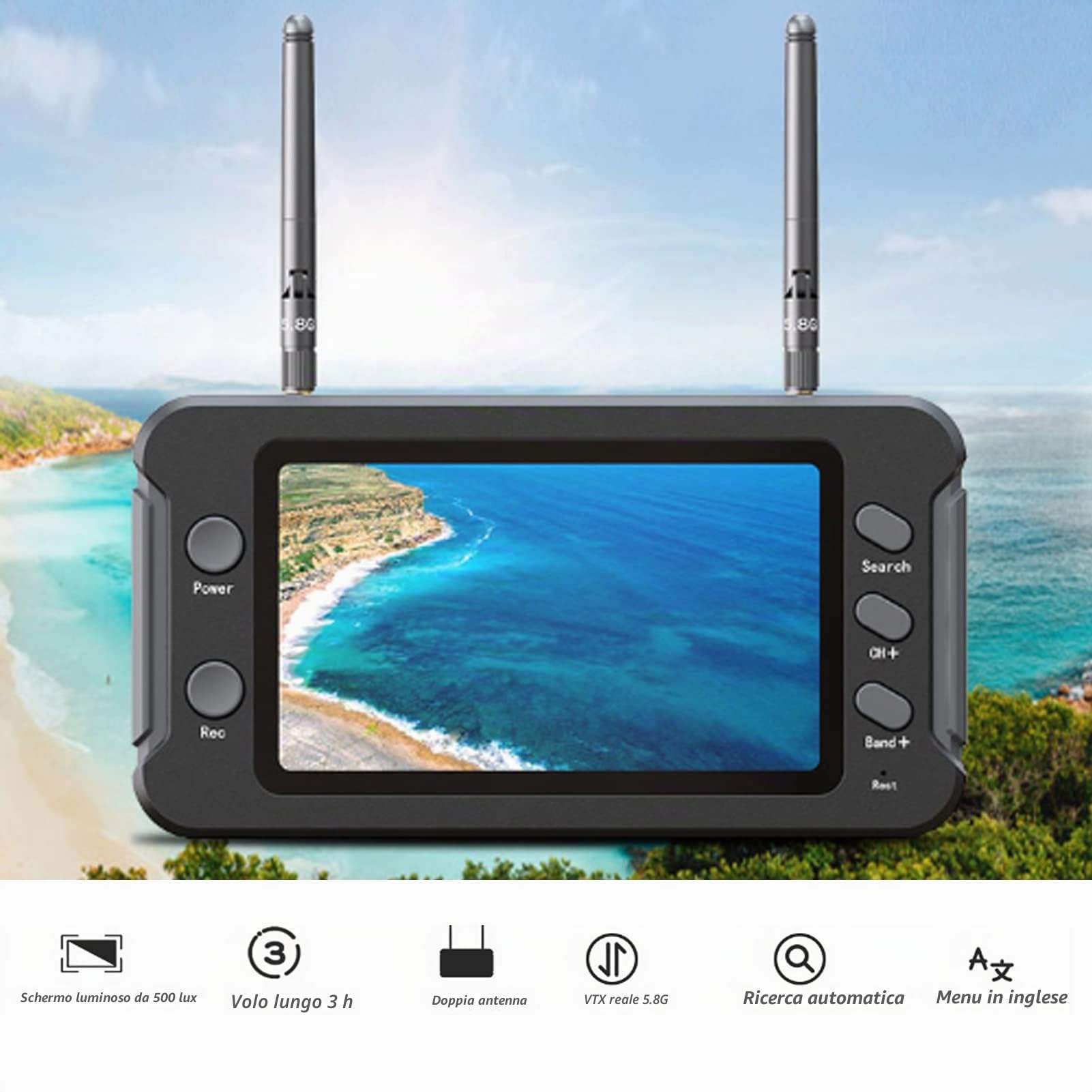 Per Monitor Ricevitore FPV, 4.3 Pollici 5803D 5.8GHz 40CH DVR Funzione 30 Fotogrammi Schermo di Visualizzazione Drone RC Rapporto di Visualizzazione 16:9 per Monitor FPV con Ricerca Automatica per Qua