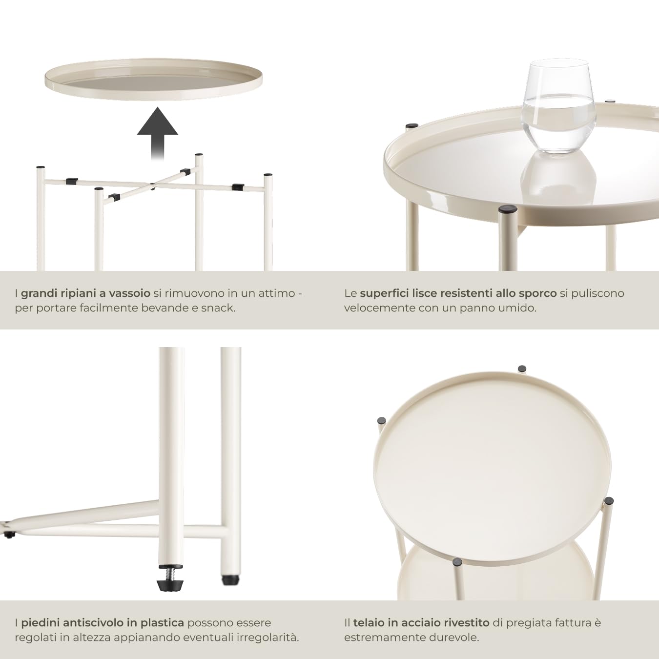 tectake® Tavolino Salotto 45,5 x 45,5 x 53 cm, Tavolino da salotto Tondo Basso, Mobile Soggiorno, Ripiano a Vassoio, Mobiletto Salvaspazio Divano, Camera, Ufficio, Soggiorno, Design Rustico - Crema