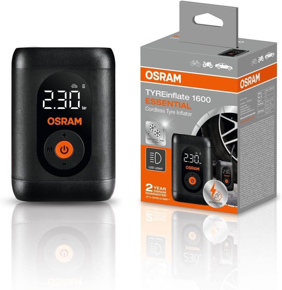 OSRAM TYREinflate 1600 ESSENTIAL, kabelloser wiederaufladbarer digitaler Reifenkompressor, Reifenfüllung in 6 Minuten, Flexibler 20 cm Schlauch