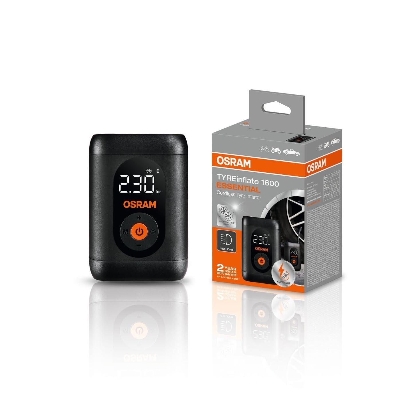OSRAM TYREinflate 1600 ESSENTIAL, Gonfleur de pneus numérique sans fil et rechargeable, Gonfle les pneus en 6 minutes, Tuyau flexible de 20 cm