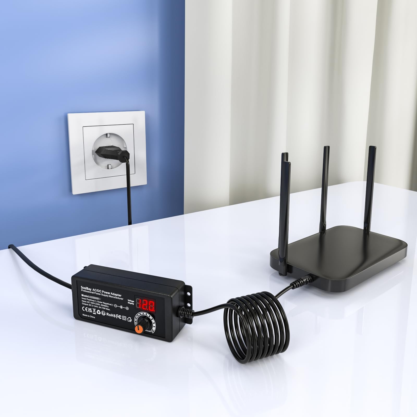 SoulBay 24V Chargeur Universelle, 72W AC/DC Adaptateur Alimentation Transformateur avec 14 Embouts DC et Câble de Polarité Inversée pour Caméra électronique Domestique – 3000 mA Max.