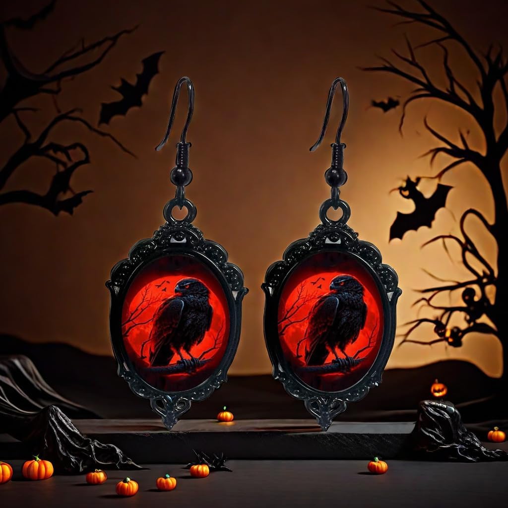 Gothic Crow Glass Dangle Drop Earrings for Women Vintage Halloween Crow Emboss Earrings Punk Halloween Earrings Vampire Earrings Mystic Witch Jewelry Gift Accessories - Image 7