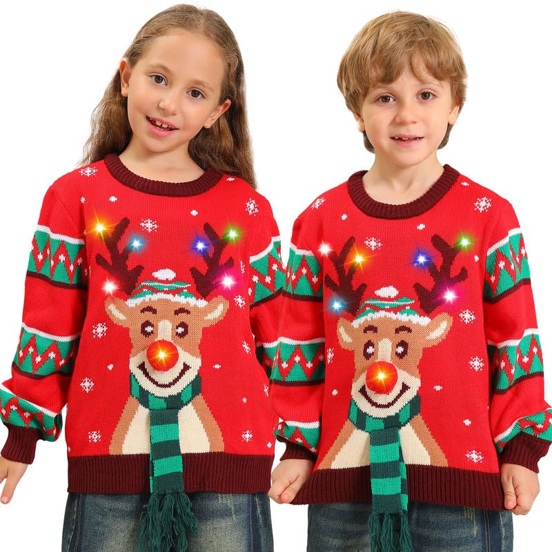 Kouric Camisola natalícia para criança com luzes, camisola Natal criança/menina com estampado de rena na neve, Ugly Christmas Sweater, Camisolas natalícias com luzes, camisola natalícia divertida