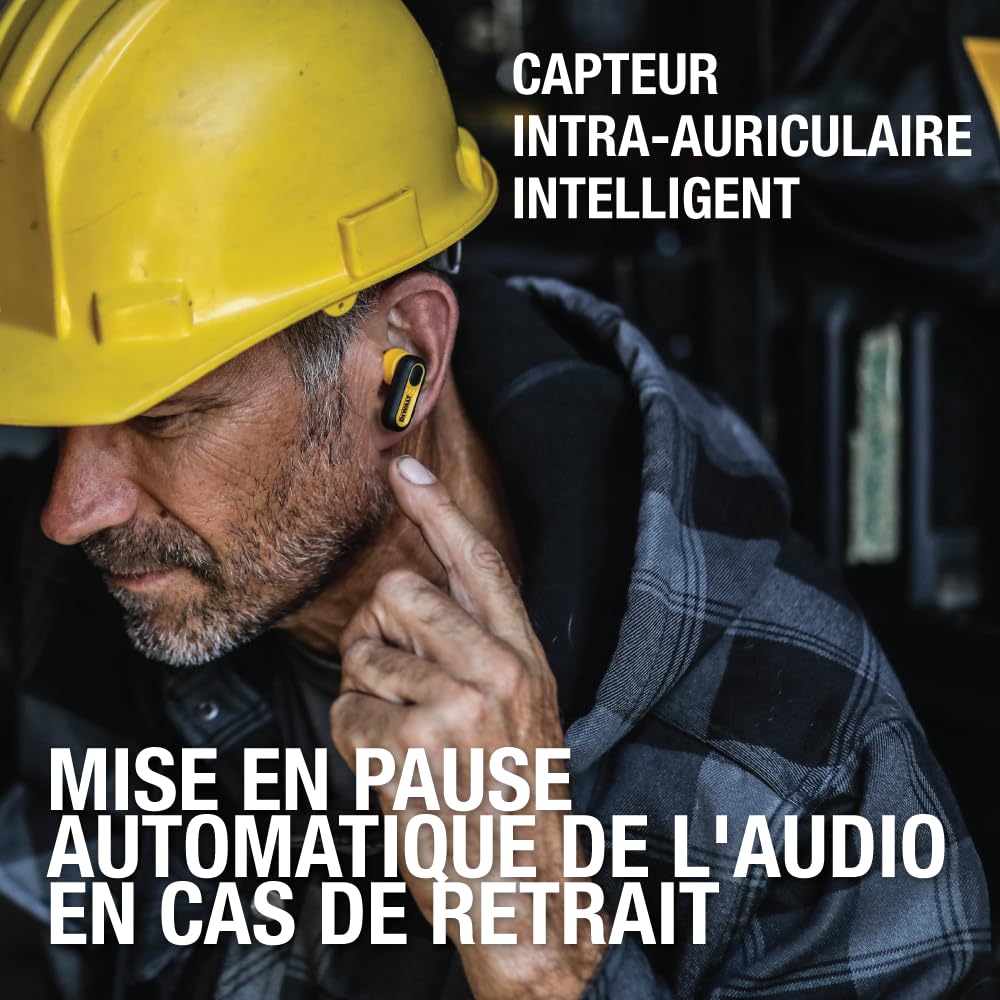 DEWALT Écouteurs sans Fil Robustes Casque Bluetooth avec étui de Chargement de Type C Inclus, Plus de 37 Heures d'autonomie, Installation Facile pour iPhone, Parfait pour Le Chantier, Jaune