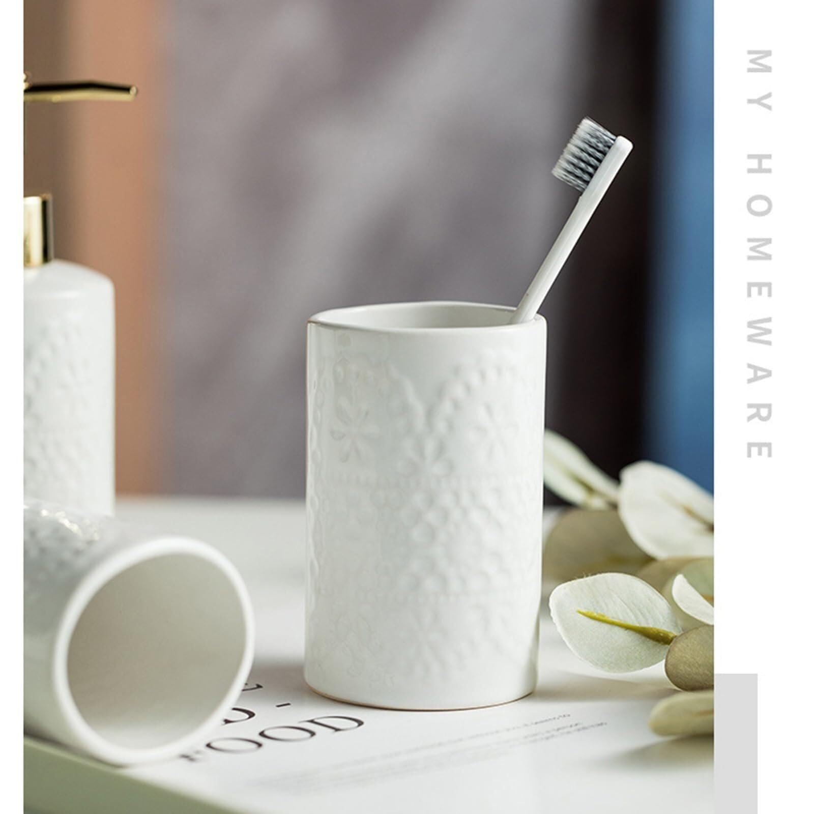 Set di accessori per il bagno Set di dispenser sapone e bicchiere for spazzolino da denti in ceramica appoggio for liquidi o lozioni costiere Arredamento per gli affittuari(Beige)