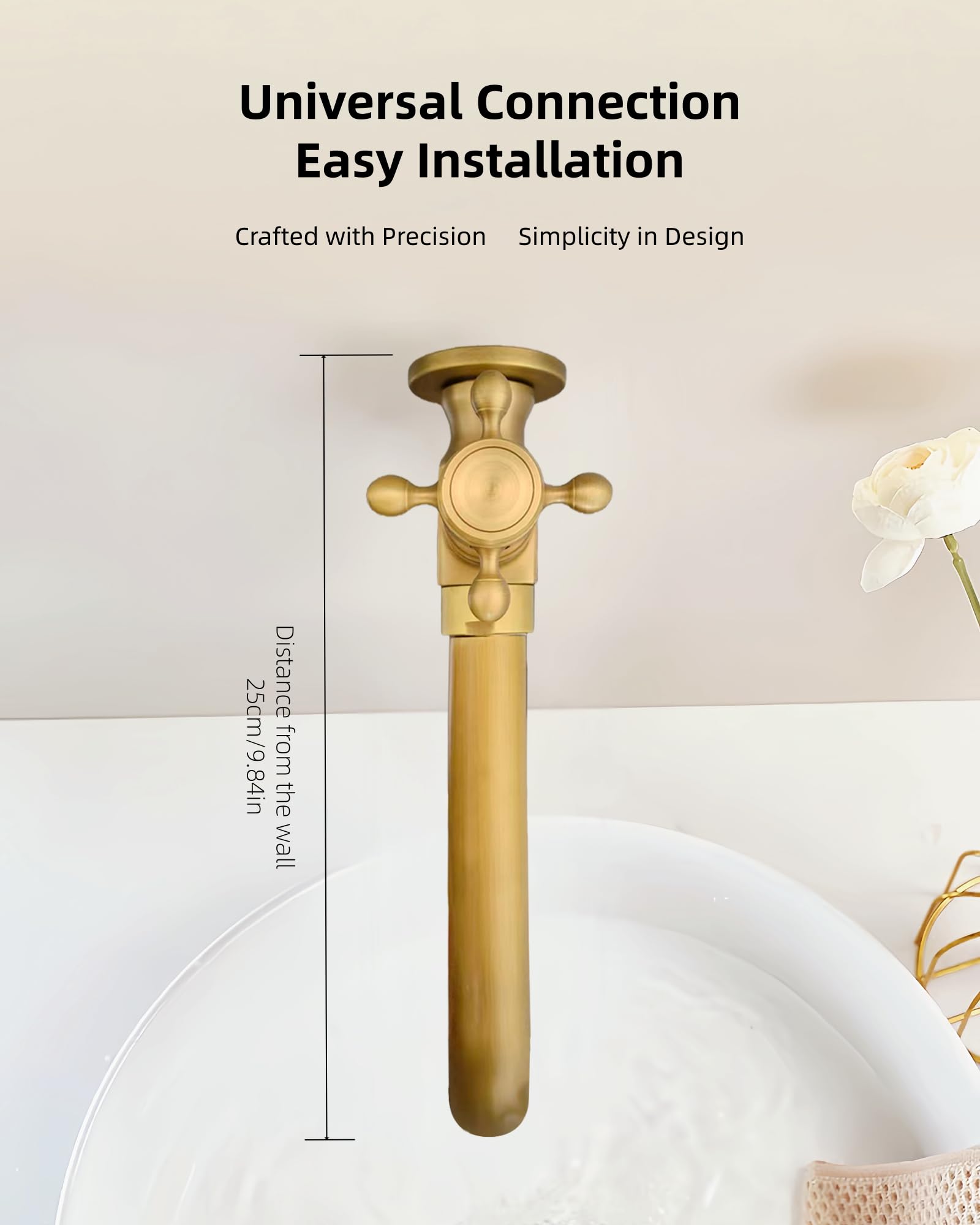 Rubinetto da Esterno a Muro in Ottone Antico, Rubinetto a Parete Giardino Acqua Fredda, Girevole a 360° Rubinetti Bronzo Lungo per Lavabo Lavello e piscina, 24cm