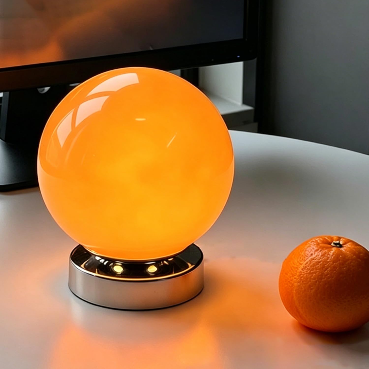 OOWOKS Glaskugel Tischlampe Kabellos Touch Steuerung USB Aufladbar 3 Farbtemperaturen dimmbare LED Nachttischlampe mit Akku Metall Sockel Kugel Deko Tischleuchte für Schlafzimmer Kinderzimmer,Orange