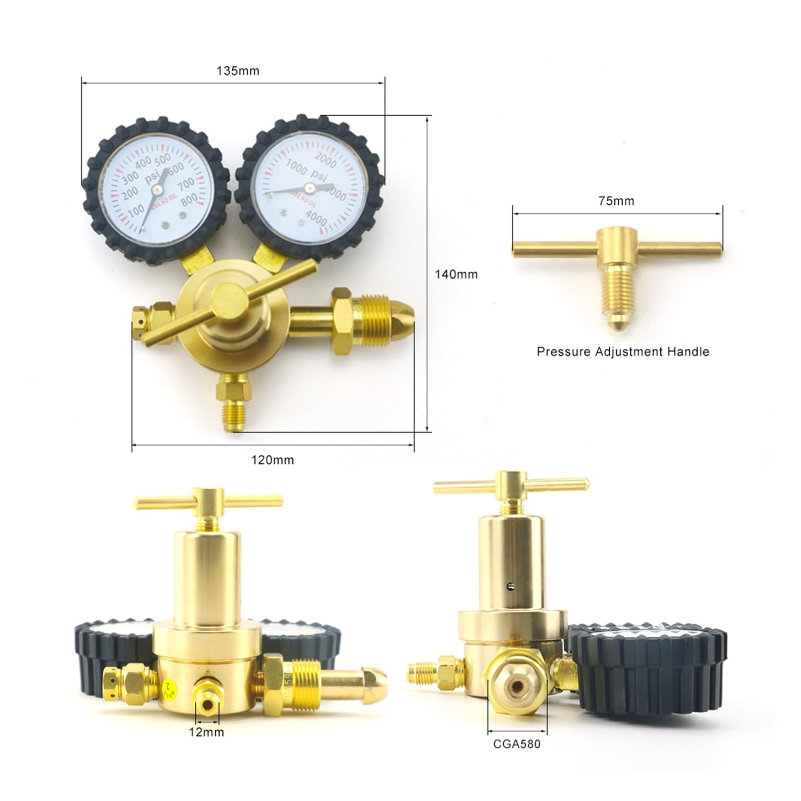 Régulateur d'azote en laiton 1/4 "0-600PSI, jauges de connexion de soupape de réduction de pression de gaz CGA580
