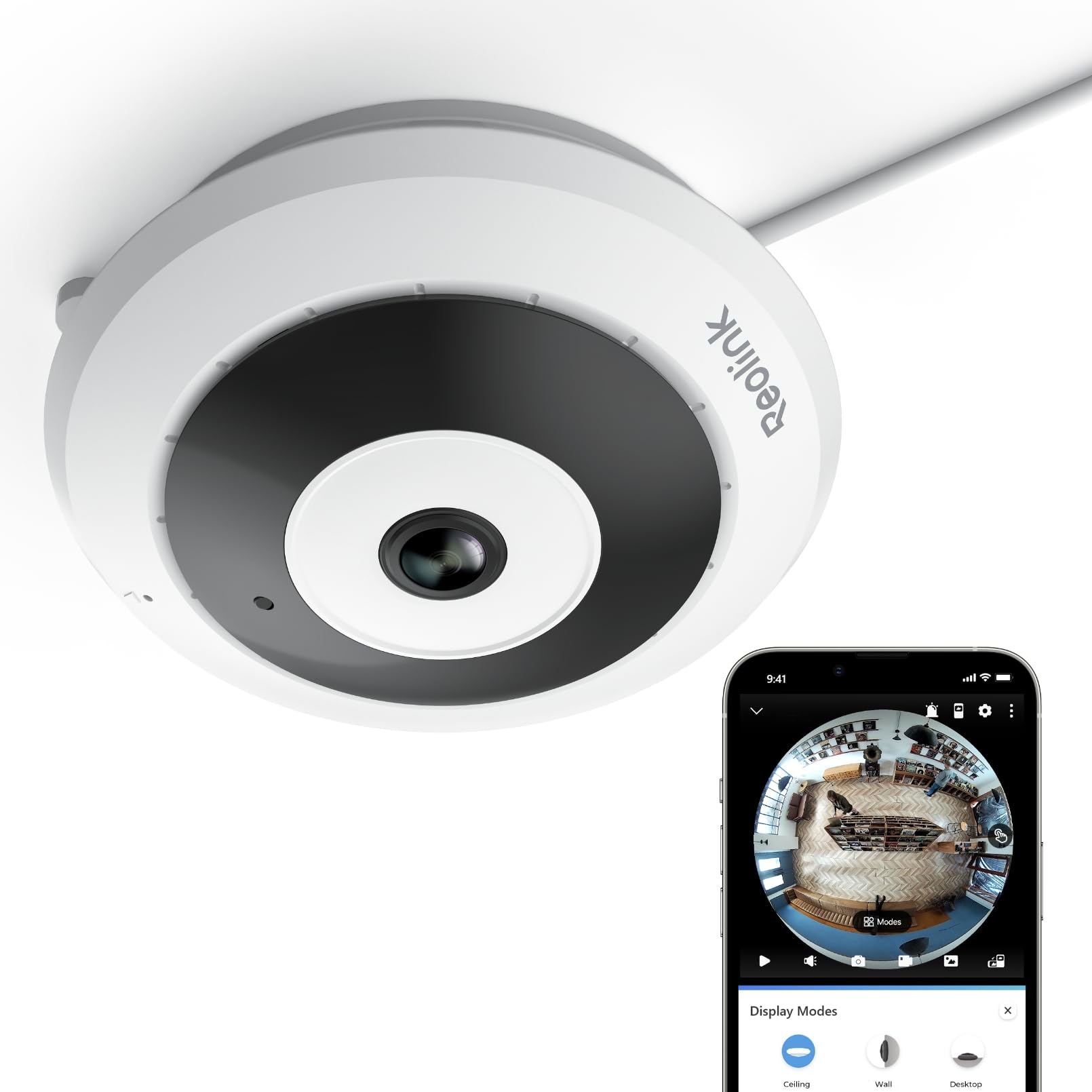 REOLINK WiFi Security Fisheye Camera, 2K+ 6MP 360° Panorama, 2.4/5GHz WiFi Indoor Wireless Security Camera, Person Motion Detection, Ceiling/Wall/Desk Mount, Supports up to 512GB microSD, FE-W (White)