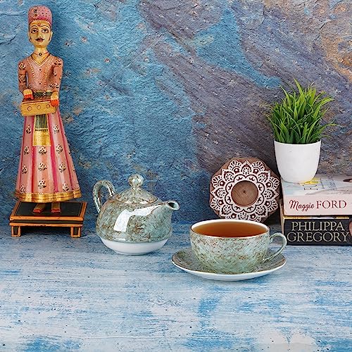 Image of Dandy Lines Tea for One Set Terra Gold, Elegant Tea Set with Kettle, Bone China, Pack of 4, Microwave & Dishwasher Safe, Great for Hosting & Gifting