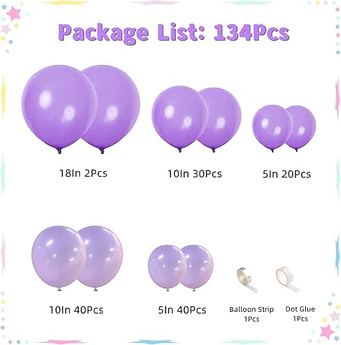 Miniatura 3 de Kit de arco de guirnalda de globos morados de 132 piezas, globos lilas morado claro lavanda de 51018 pulgadas, globo de látex pastel macarrón para