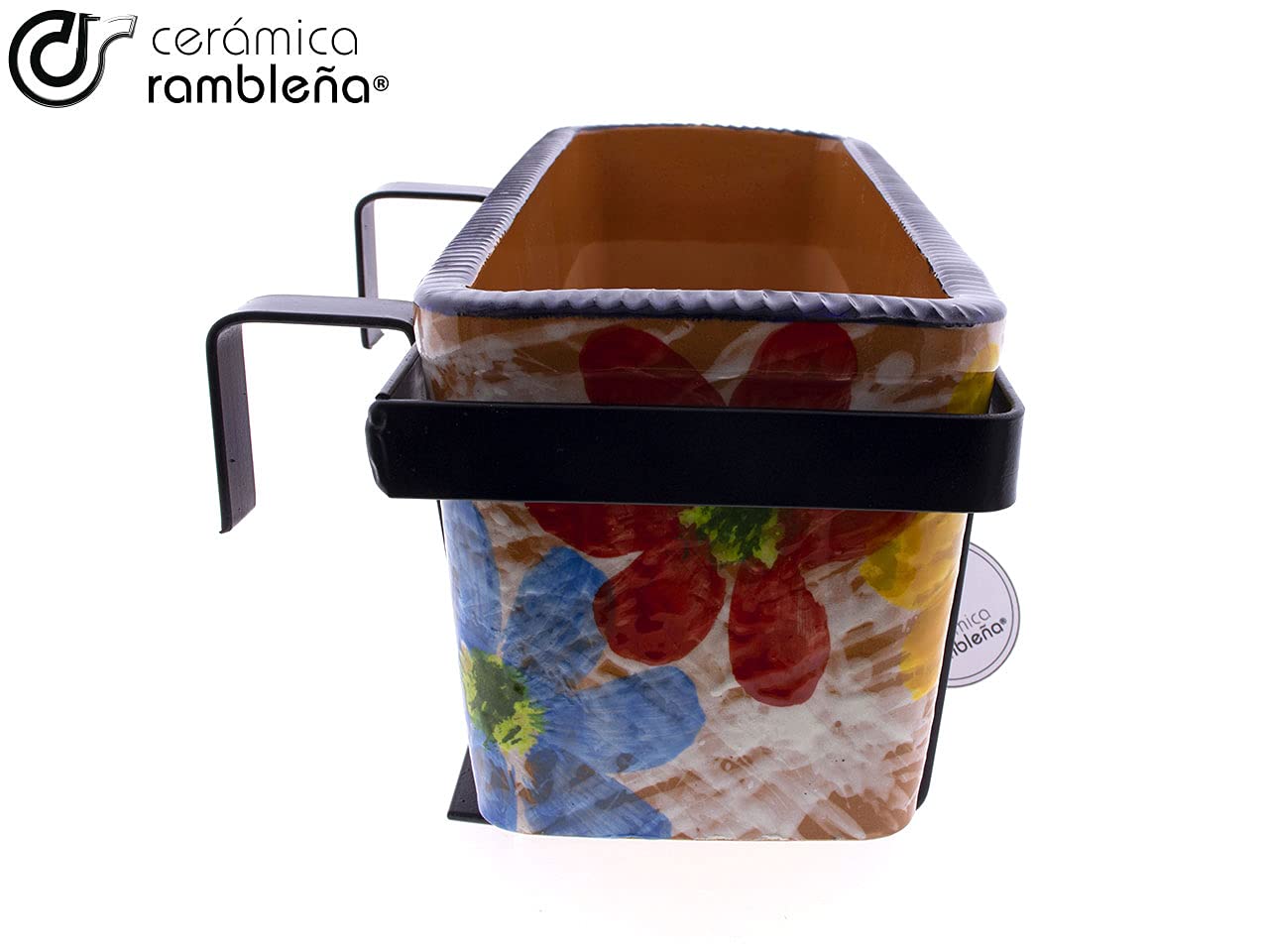 CERÁMICA RAMBLEÑA | Jardinera | Jardinera balcón | Jardinera Exterior | Jardinera Rectangular | Jardinera de cerámica Primavera | 100% Decorada a Mano | 31x13x13 cm | Soporte balcón forja Incluido