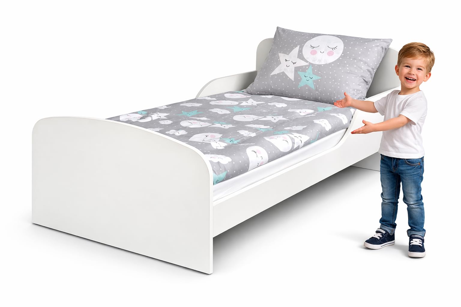 Kinderbett 160 x 80 cm aus MDF, Matratze, Lattenrost, Rausfallschutz