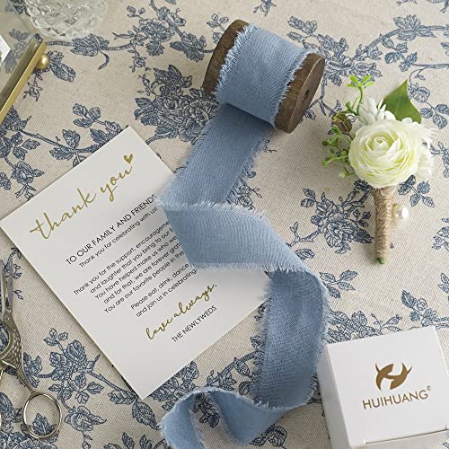 Huihuang Dusty Blue Cotton Linen Ribbon 1.5 Inch Handmande Rustic Frayed Edge Ribbon On Wooden Spool Fringe Fabric Ribbon For Wedding Bridal Bouquet, Invitation Tie, Baby Shower, Gift Wrap - 5 Yards #TOP1