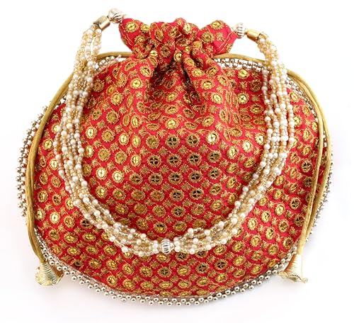 Image of Potli Bag Golden work wedding potli for ladies Gift for women handbags traditional Indian Wristlet with Drawstring Ethnic Embroidery Fashion Potli.