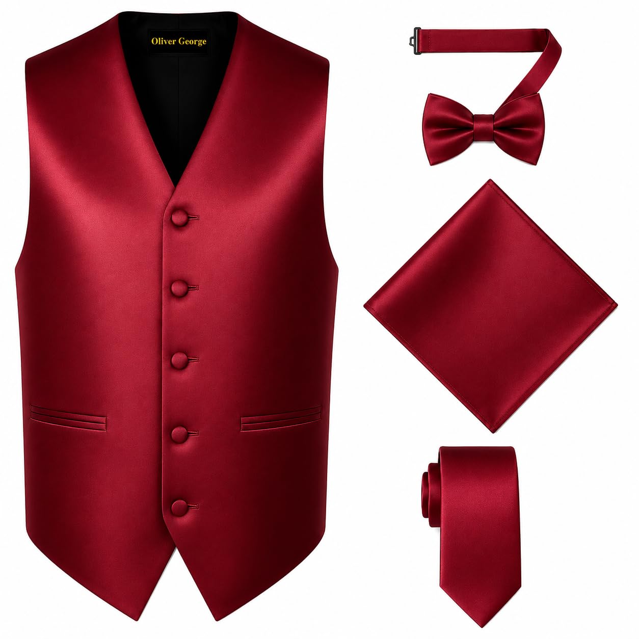 Oliver George 4pc Men's Solid Formal Suit Waistcoat Tuxedo Dress Vest Necktie Bowtie Handkerchief Set for Suit or Tuxedo