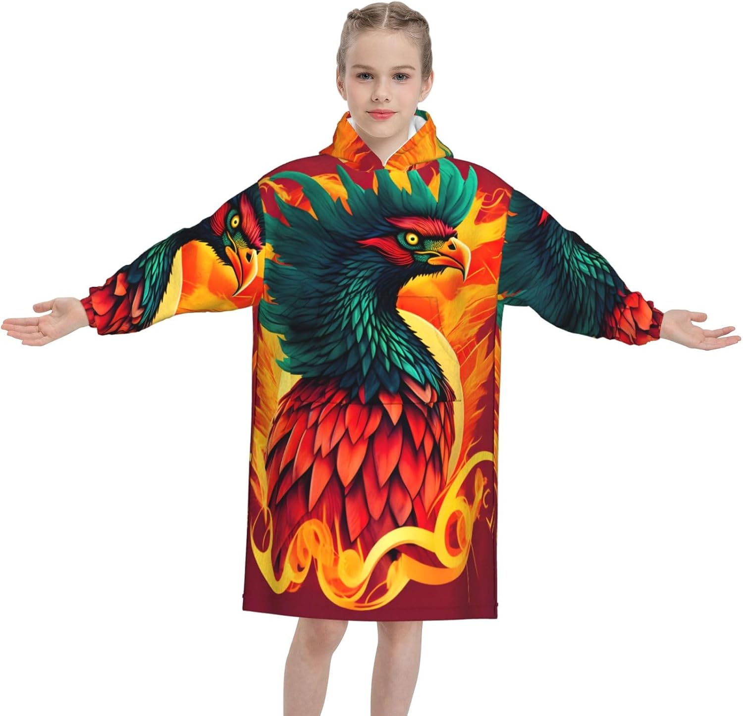 Phoenix Print Oversized Blanket Hoodie, Wearable Blanket Hooded,Hooded Pullover With Pocket