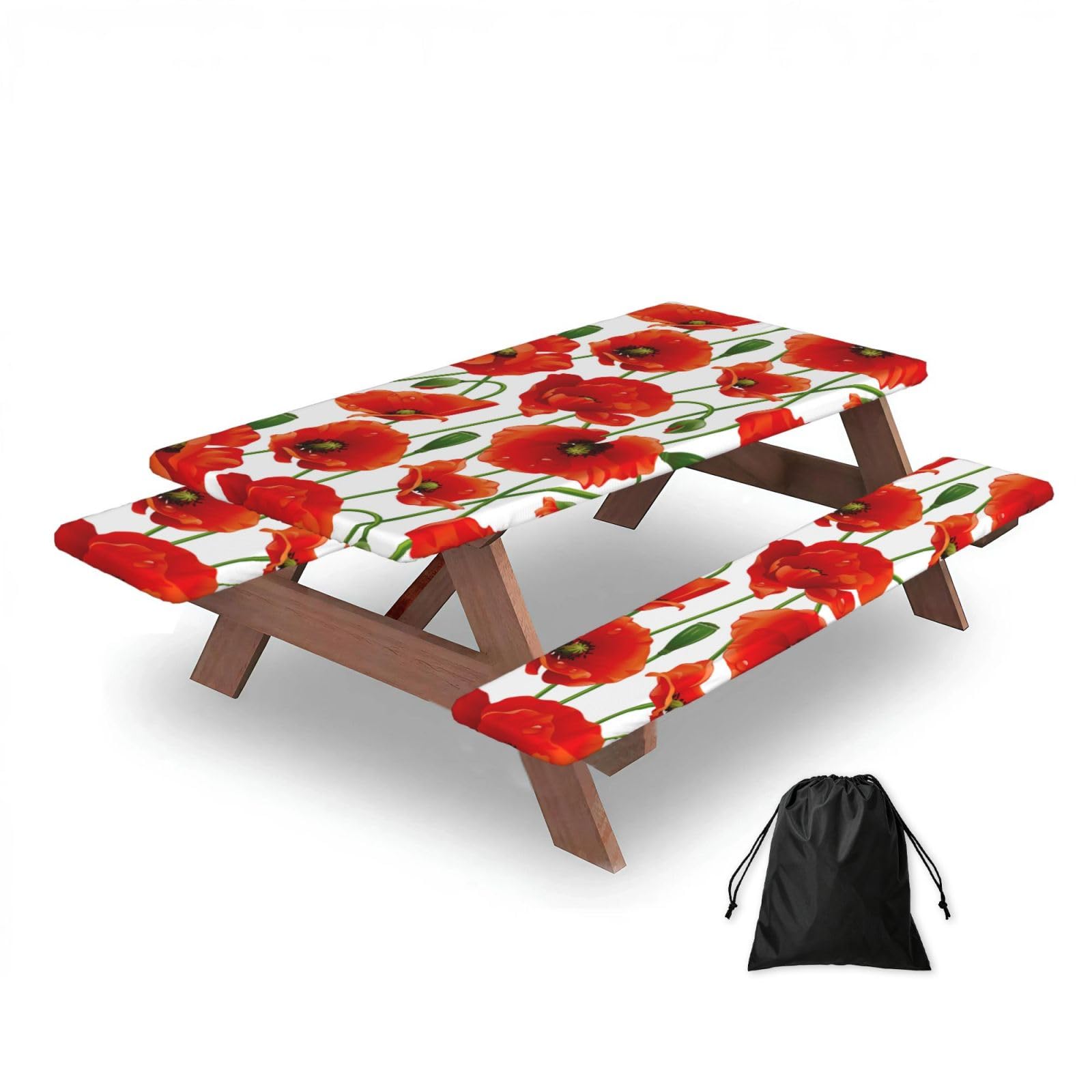 Dopklna As Picture Red Poppy Flowers, Picnic Table Cover With Bench Covers -Waterproof Elastic Fitted Tablecloth For Garden Camping Patio 76X152cm