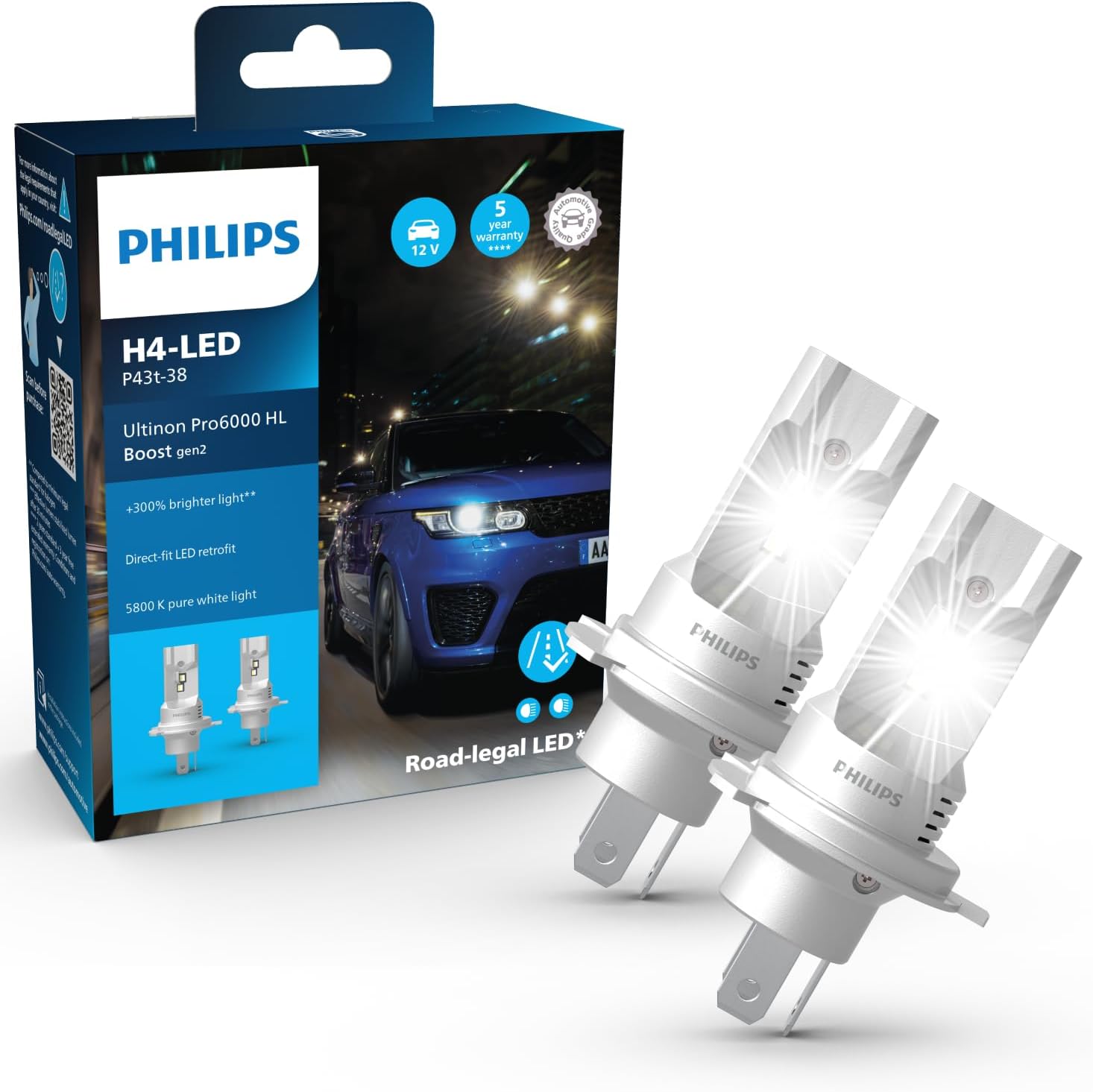 Ultinon Pro6000 Boost Gen2 Direct-fit H4 LED Headlight Bulb with Road Approval*, +300% Brighter Light**