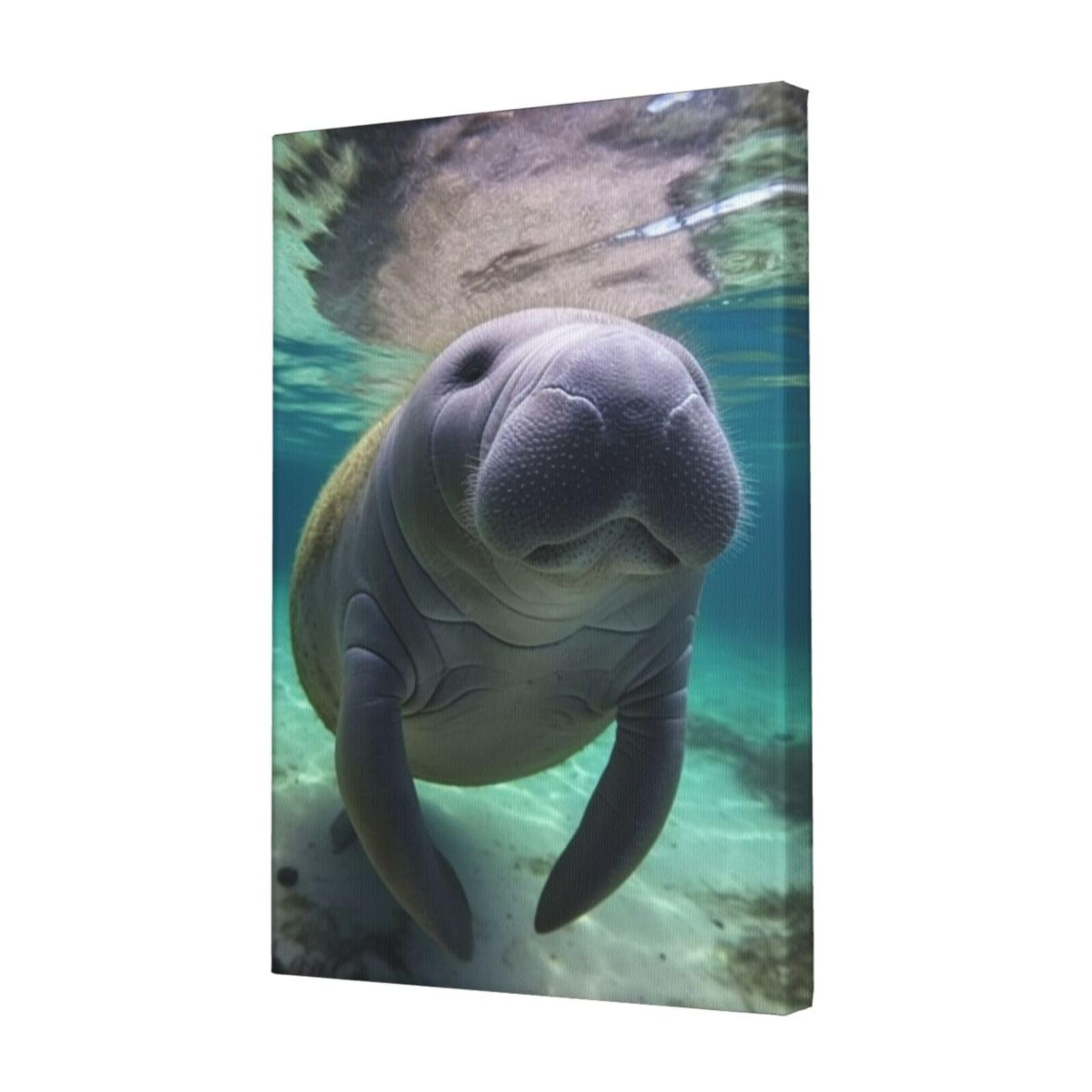 KLOPH Cute Sea Animal Manatee Canvas Wall Art for Living Room 12"x18" Modern Artwork Painting for Bathroom Hanging Canvas Prints Aesthetic Wallart for Bedroom Kitchen Office Wall Decor