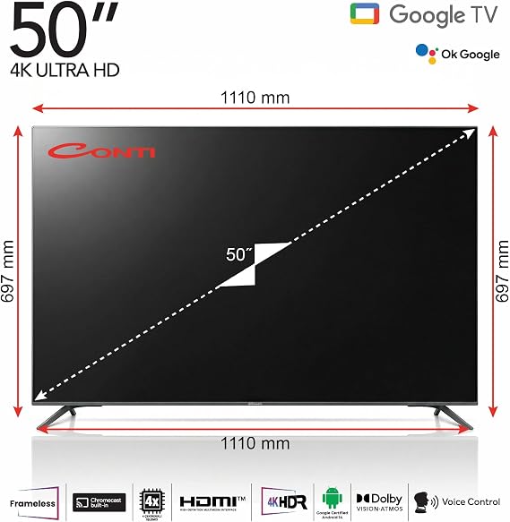 Conti 50” 4K Ultra HD Google TV (CT50GT300U), HDR10, Dolby Vision Atmos, Çerçevesiz (Frameless), Dahili Uydu Alıcı, Wi-Fi, Bluetooth, 3x HDMI, Android 14 Smart TV [Enerji Sınıfı G]