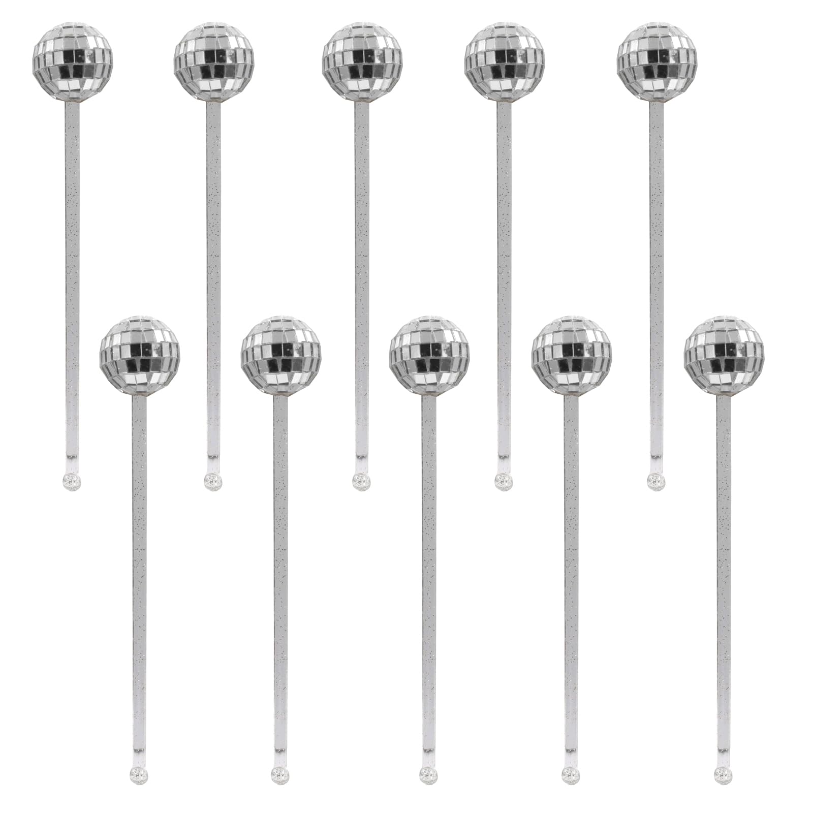 Set di 10 mescolatori per bevande, palline da discoteca, cocktail, bastoncini glitterati, per feste di addio al nubilato, matrimoni, bar (argento)