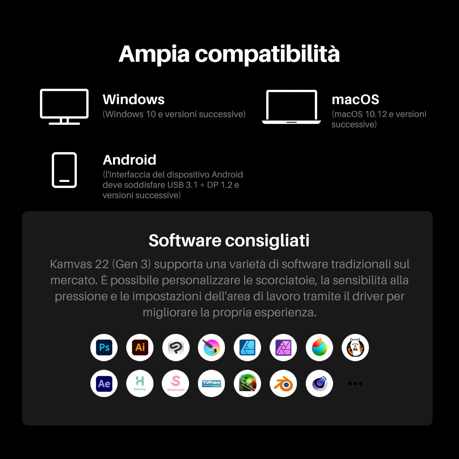 Huion Kamvas 22 (Gen 3 Tavoletta Grafica Con Schermo, display QHD 2,5K 21,5" 90Hz, stilo PenTech 4.0, 16384 livelli, 99% sRGB, ΔE<1,2 per illustrazione, design e animazione