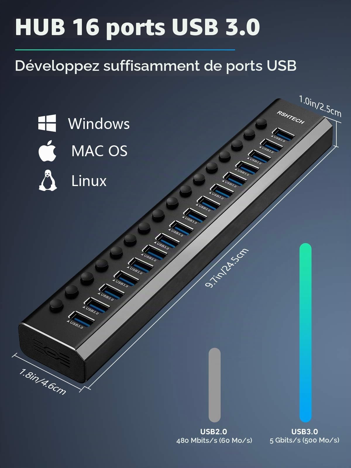 RSHTECH Hub USB 3.0 Aluminium, 16 Ports USB 3.0 Hub, RSH-A16
