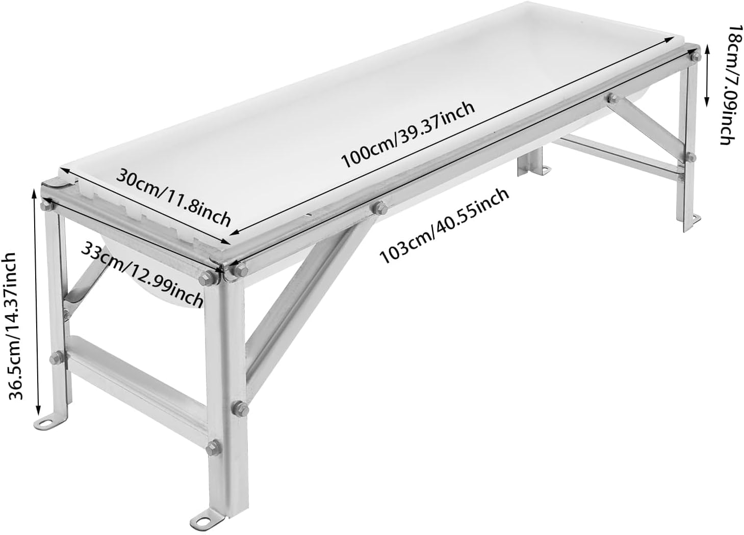 Livestock Feed Trough with Metal Stand 39" Long Large Capacity Livestock Feeder for Lambs Foals Calves Sheep Horses Alpacas and Goats in Farm (Silver+White)