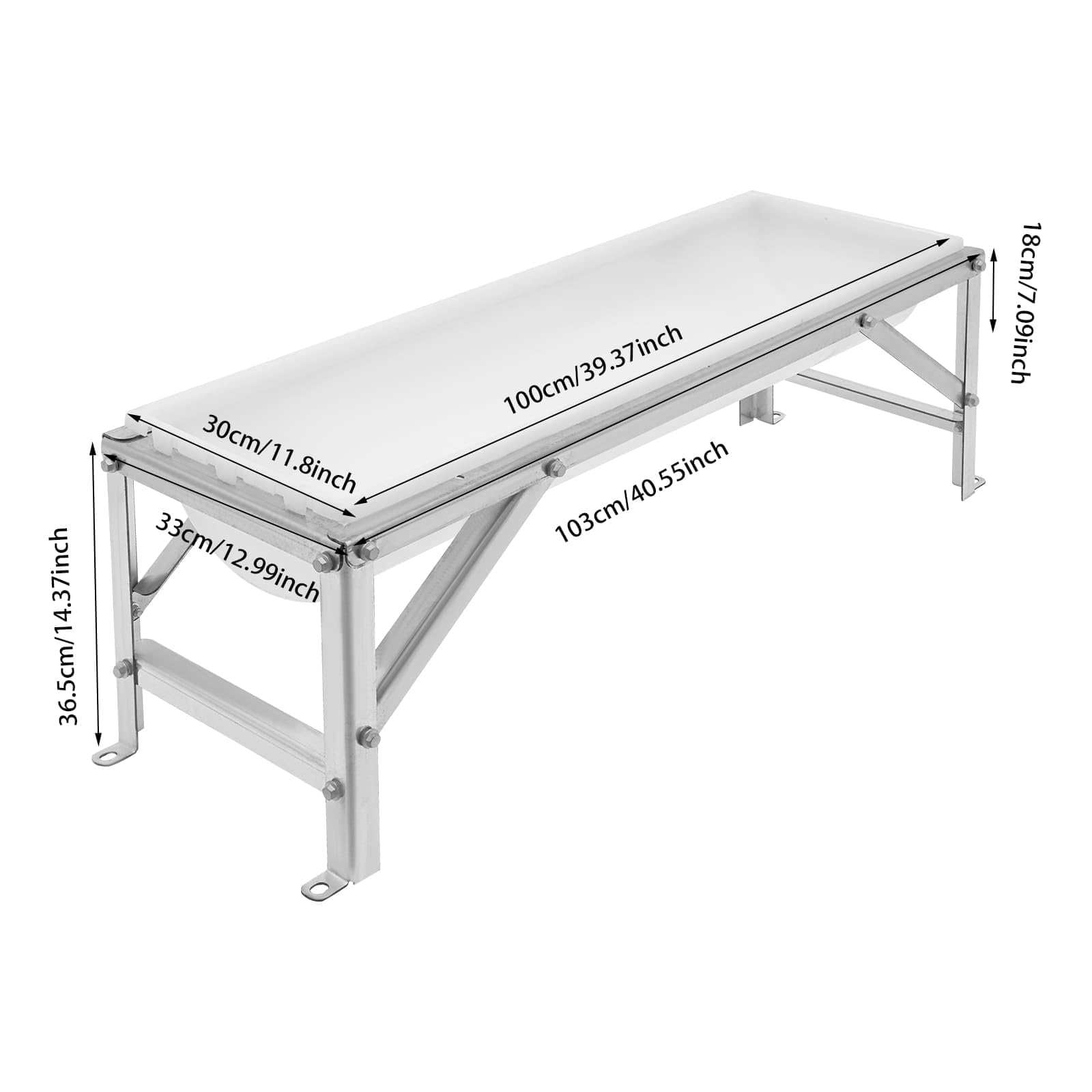 Comedero para Ganado con Soporte metálico de 99 cm de Largo y Gran Capacidad para corderos, Potros, terneros, ovejas, Caballos, Alpacas y Cabras en la Granja (Plateado + Blanco).