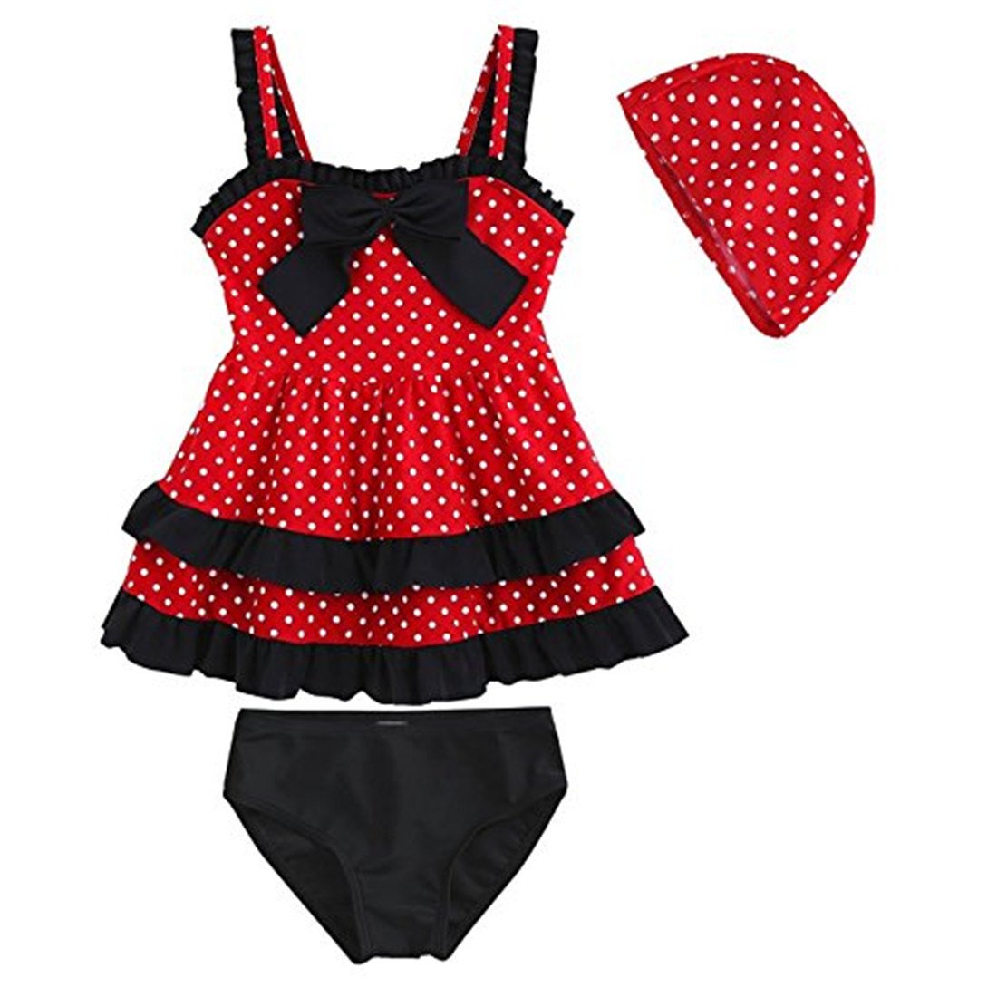 Baby Girls Toddler Bathing Suit Polka Dot Lace Bow 2 Piece Swimsuit Swimwear with Caps