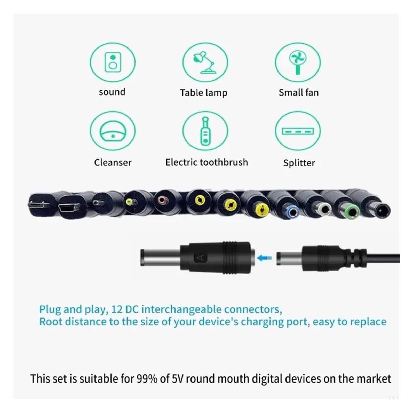 Cable de carga USB a CC de 5,5 x 2,1 mm, 5 V, 12 puntas para caja de TV CCTV