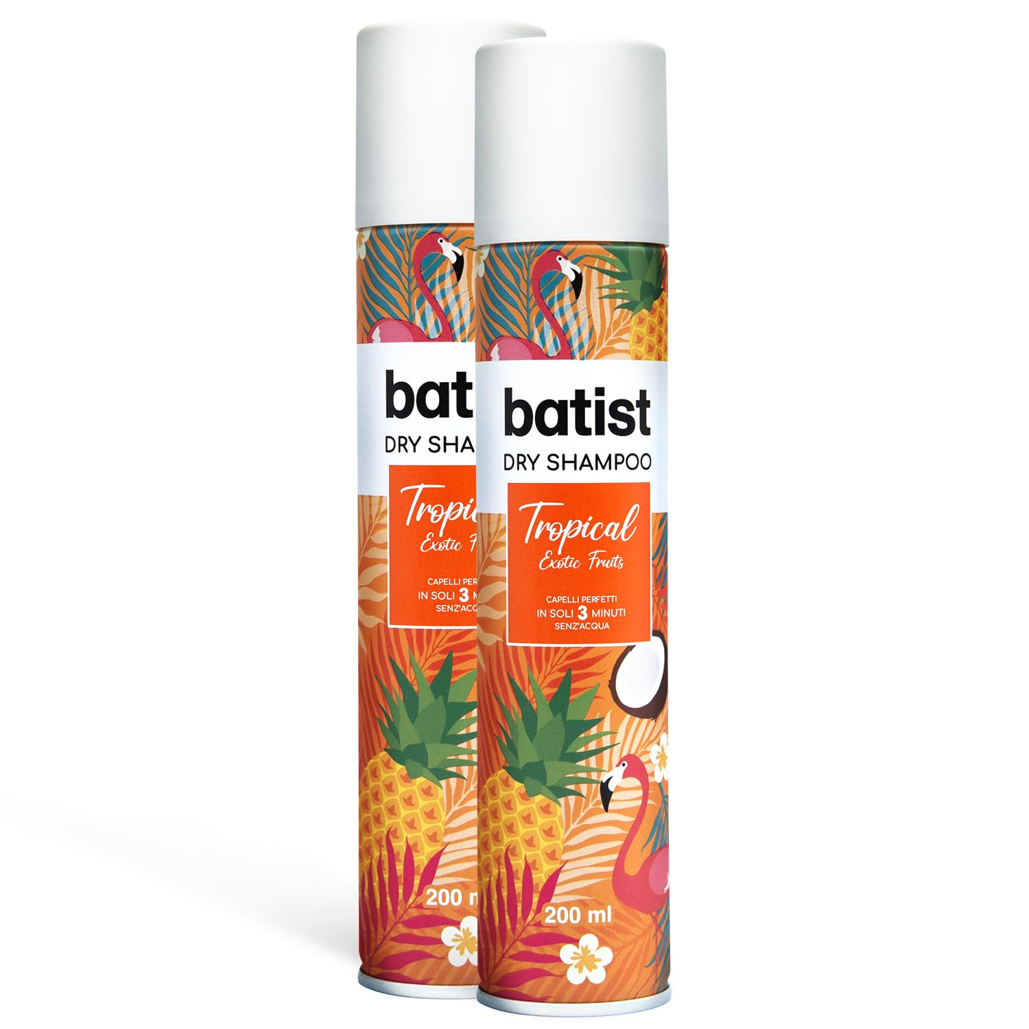 Batist Shampoo Secco Tropical, Shampoo A Secco Con Profumazione Esotica Al Cocco E Frutto Della Passione, Per Acconciature E Messe In Piega, Per Tutti I Capelli, 2x200 Ml, Made In Italy