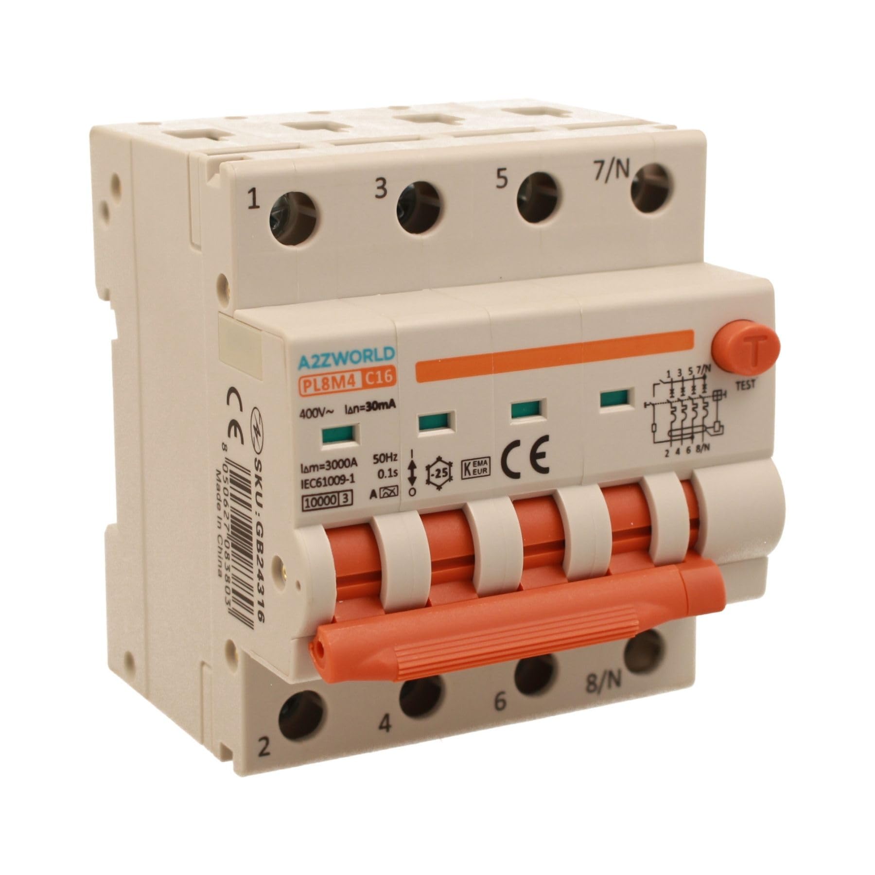 Interruttore Magnetotermico Differenziale Trifase, Tipo A 30mA 16A C16, 400V 4P Reale (NO 3P+N), Curva C 6kA 0,03A, Doppio Leva con Diagnostica Visiva, 4 Moduli DIN