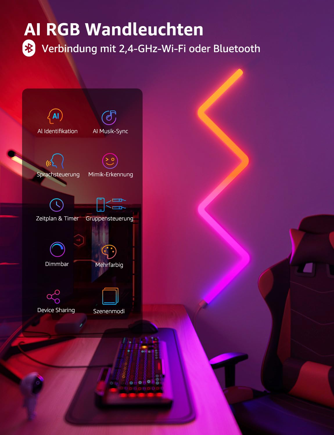 Lepro AI Glide Wall Light WL1, kompatibel mit Alexa&Google Assistant | Wandleuchte mit App-, Musik- und Sprachsteuerung, Personalisierter KI-Lichtdesigner für Gaming,Wand Deko, 8 Stück & 4 Ecke