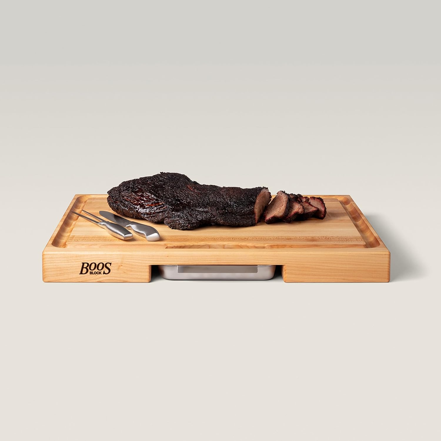 John Boos Newton Prep Master Series Rectangular Wooden Maple Cutting Board 24”x18” – 2.25” Thick, 30-lb Reversible Butcher Block with Catch Pan, Sloped Juice Groove & Edge-Grain – Made in the USA