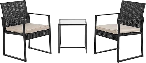 FDW Juego de sillas de mimbre de ratán para patio, césped, balcón, piscina, patio, color negro