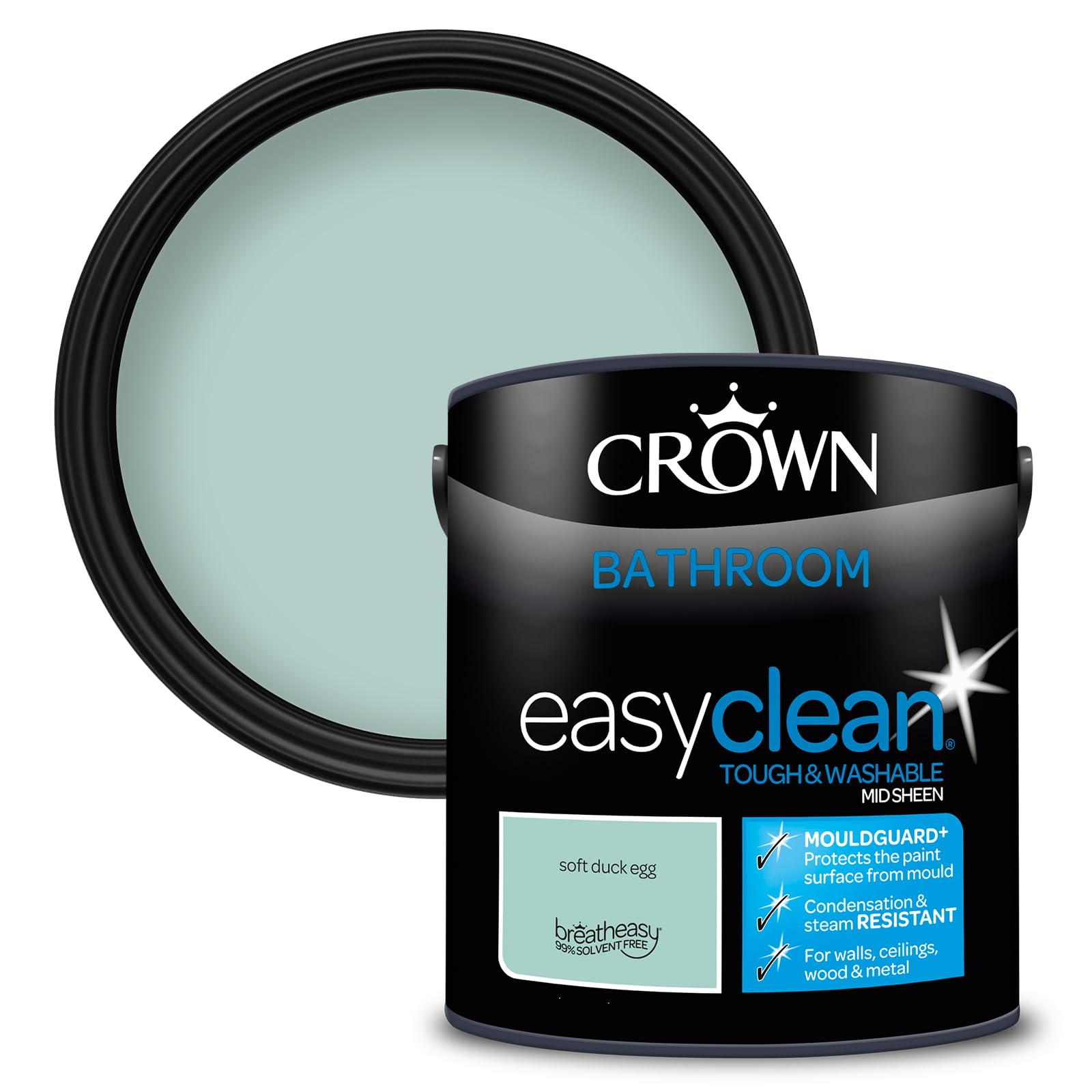 Crown Soft Duck Egg - Bathroom Paint, Mid Sheen Emulsion - Washable, Mould and Condensation Resistant - Duck Egg Paint - Bathroom and En Suite - Water Based, Low Odour Paint - 2.5L