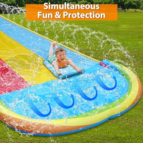 MorTime 22.5ft Slip Water Slide with Sprinklers, Slip and Slide with 3 Inflatable Bodyboards and Splash Pool Waterslide Backyard Lawn Outdoor Water Toy
