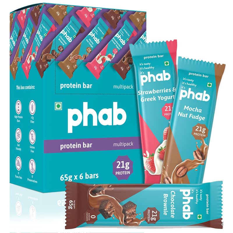 Phab Assorted (Chocolate Brownie, Mocha Nut Fudge, Strawberries & Greek Yogurt) 21G Protein Bars (Pack Of 6), Fitness & Immunity With Goodness Of Dates-390 Gram