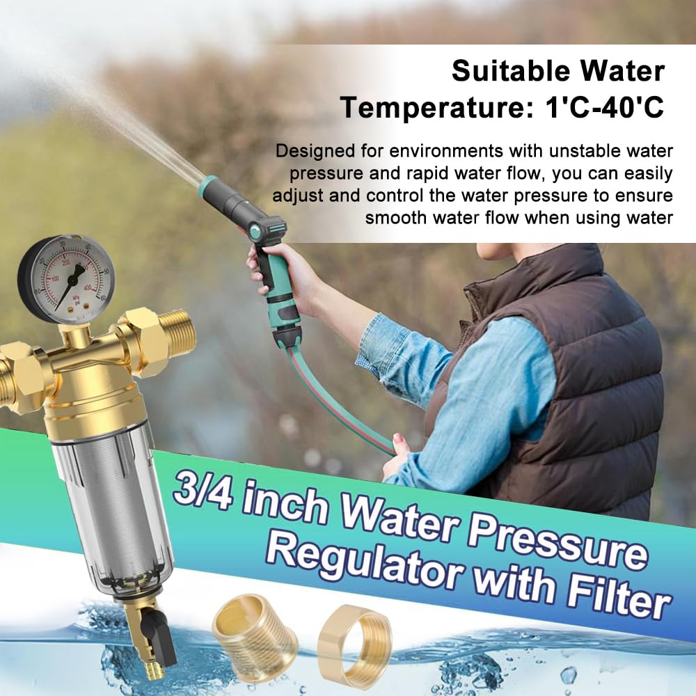 Riduttore di pressione dell'acqua, 3/4 pollici, aria compressa con filtro e manometro, riduttore di pressione dell'acqua, raccordi sicuri e durevoli, per la regolazione di filtri dell'acqua