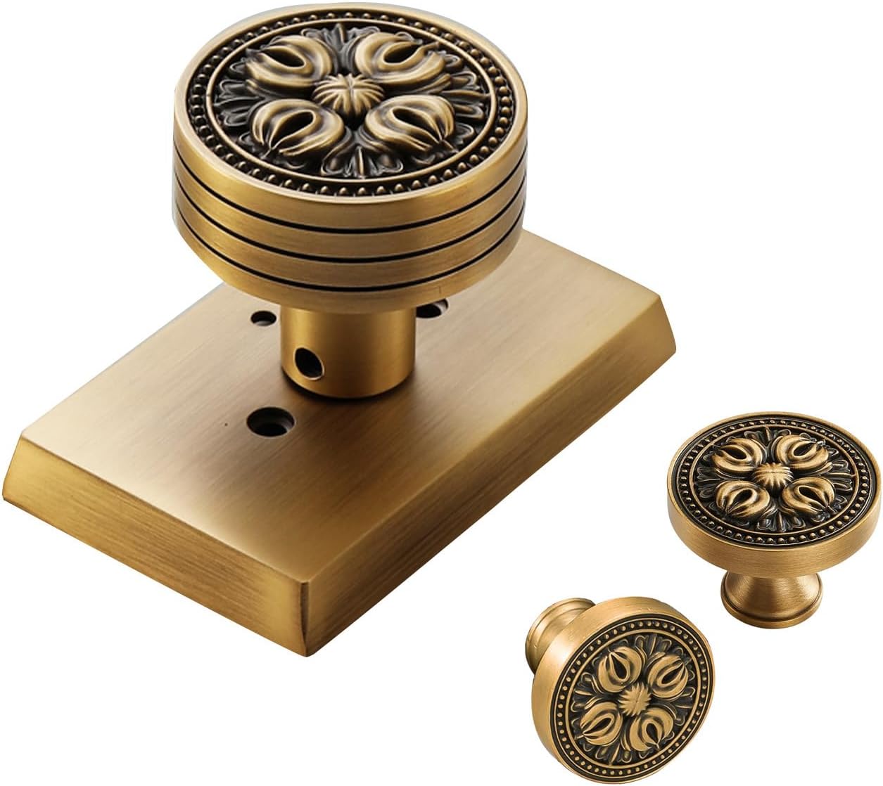 Brass Door Knob and Cabinet Knobs Set - Antique Floral Embossed Handle, Vintage Decorative Hardware - Classic Home Upgrade for Drawer, Closet, Bedroom, Bathroom