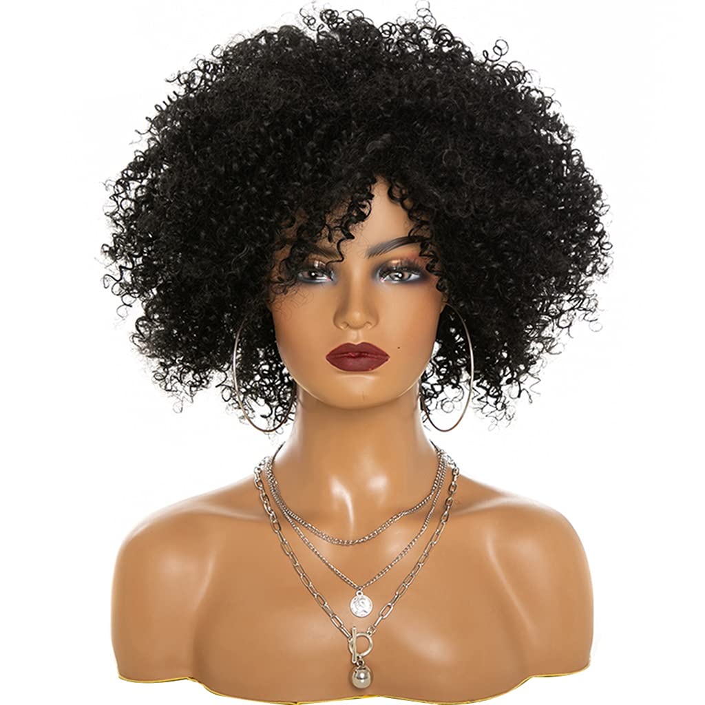 Synthetic Hair Wigs,Fashion Trend African Afro Ladies Wigs, Fluffy High Temperature Fiber Curly Hair Hood, Carnival Holiday Hair Accessories (Color : Black, Size : 13inches)