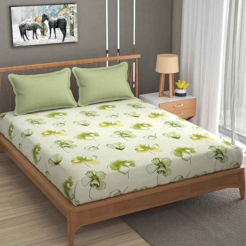 Image of Premium Cotton Fitted Bedsheet King Size 78 x 72 x 8 Inches with 2 Pillow Covers | 220 TC | All-Around Elastic Deep Pocket Bed Cover | Ivory Olive Green Floral