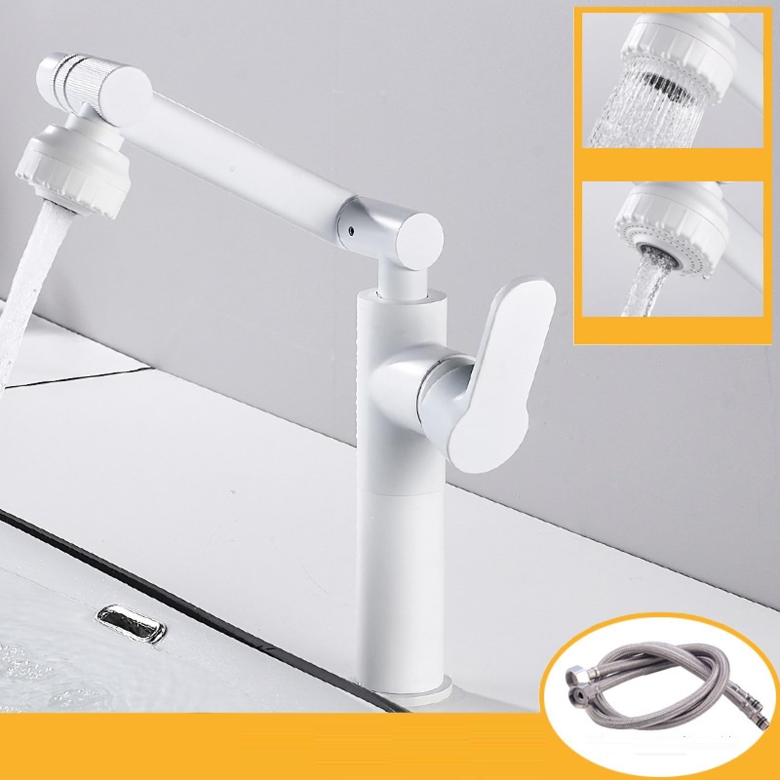 Grifo Giratorio para Lavabo, de Cobre Macizo, para Agua fría y Caliente, para encimera de baño, diseño Elevado para Uso doméstico, Elegante Acabado en Oro Blanco.
