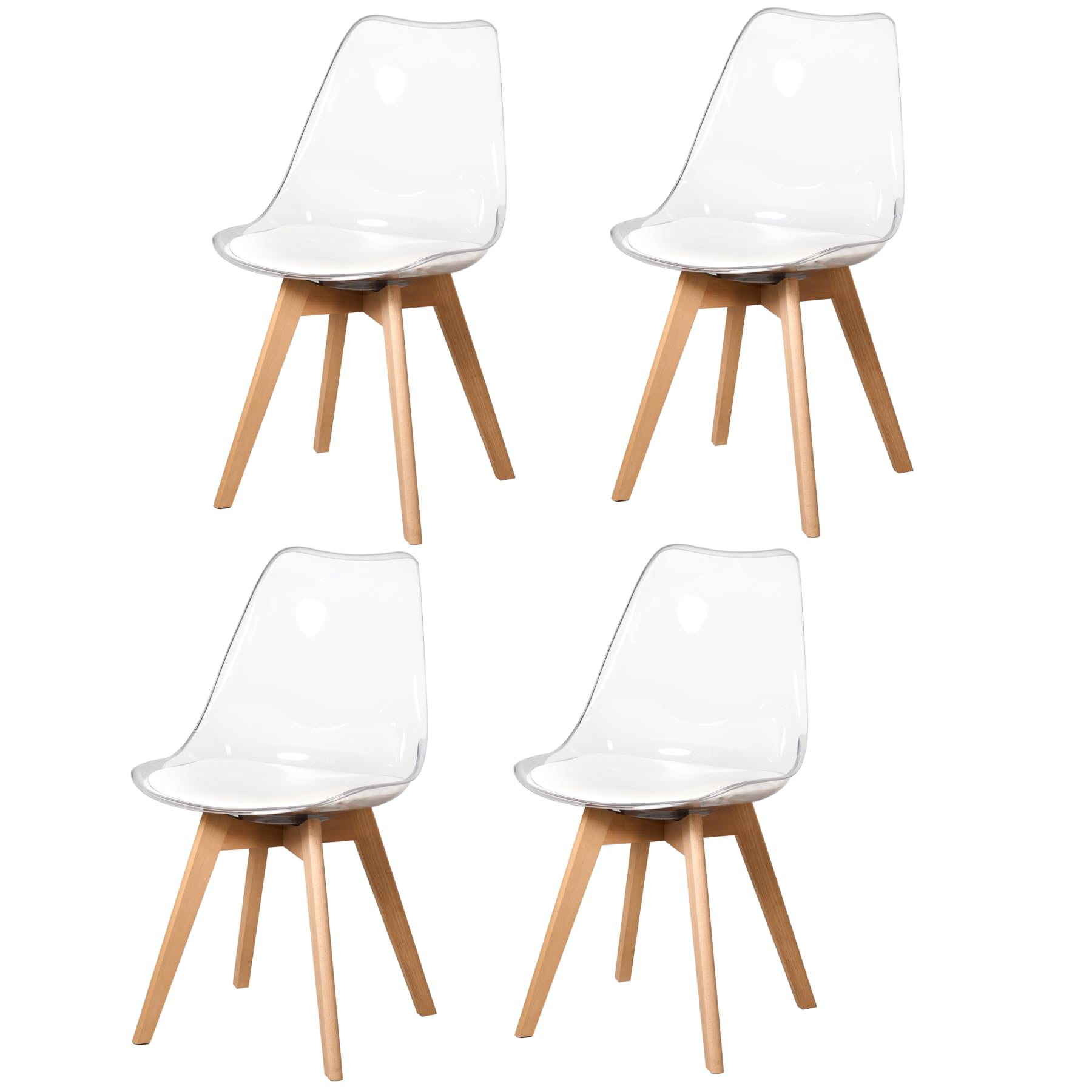 GrandCA Home Juego de 4 sillas de Comedor Transparentes con 4 Unidades, Material PP Respetuoso con el Medio Ambiente/Cojines de Poliuretano (cojín de Asiento de Poliuretano Blanco, 4)