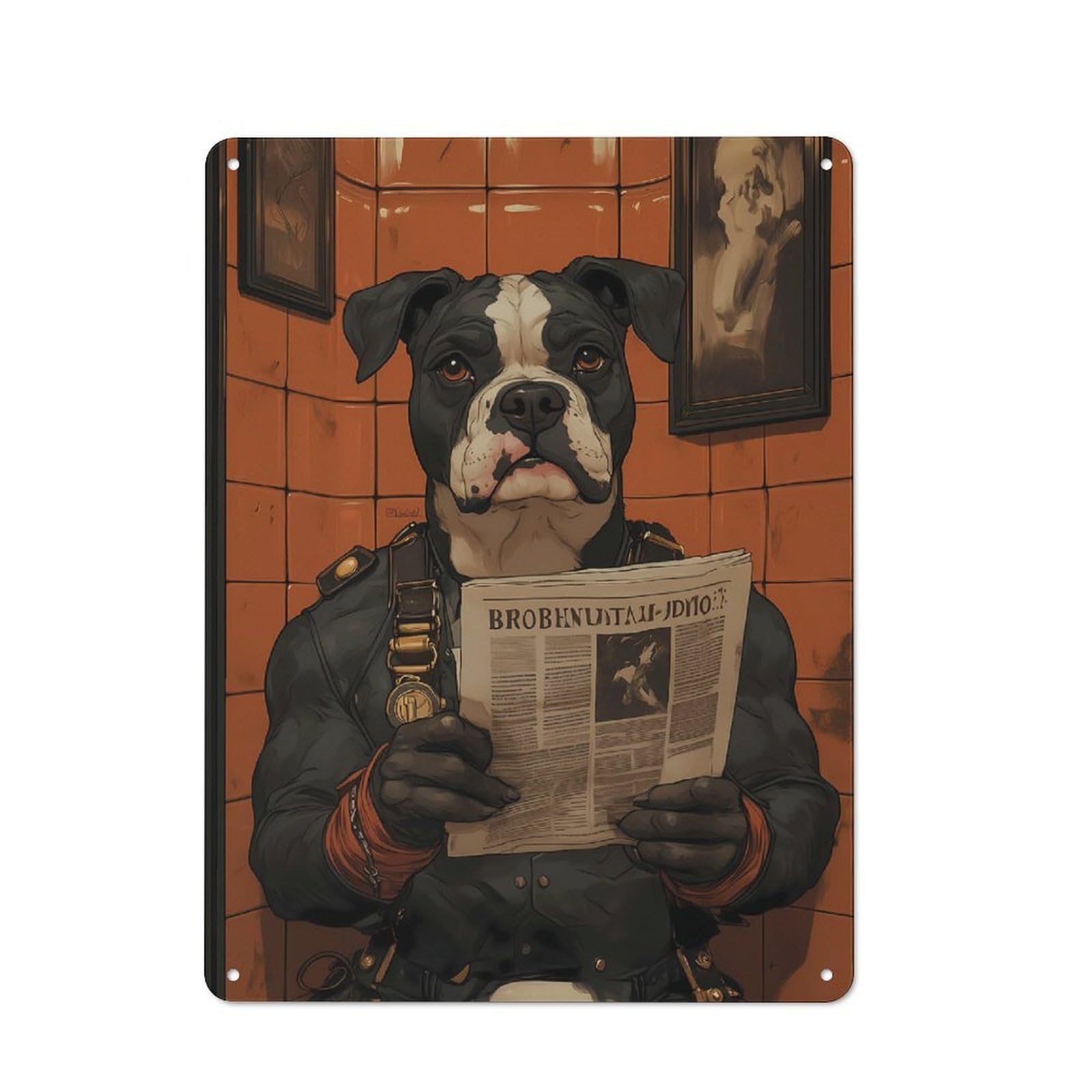 Junmoney Style-3 Character Decorative Tin Plaque 40X30cm Featuring Anthropomorphic Dog Reading Newspaper In Bathroom, Home Wall Decor For Flat, Dorm Room, Lounge Or Cafe