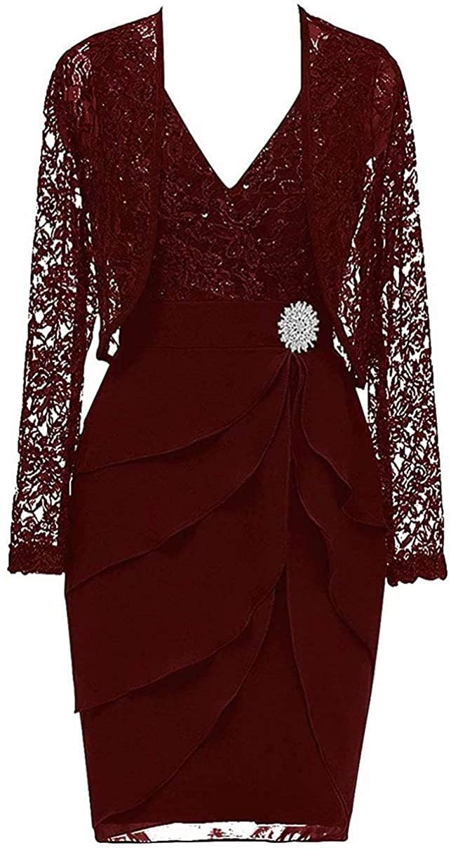 WSEYU Women's Mother of The Bride Groom Dresses with Jacket Lace Long Sleeve Evening Formal Prom Gowns for Wedding ZM047Dark Burgundy UK14