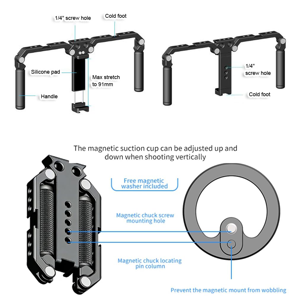 Supporto doppio stabilizzatore in metallo per smartphone, gabbia universale per fotografia per treppiede, morsetto e anello magnetico, supporto per 2 cellulari riprese video verticali e orizzontali
